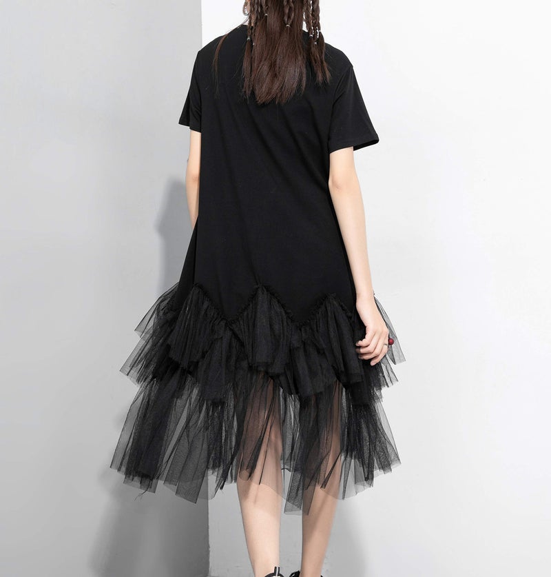 ellazhu Women's Casual Short Sleeve Crew Neck Tutu Tulle Dress with an Oversized Fit GY2266 Black - Image 2